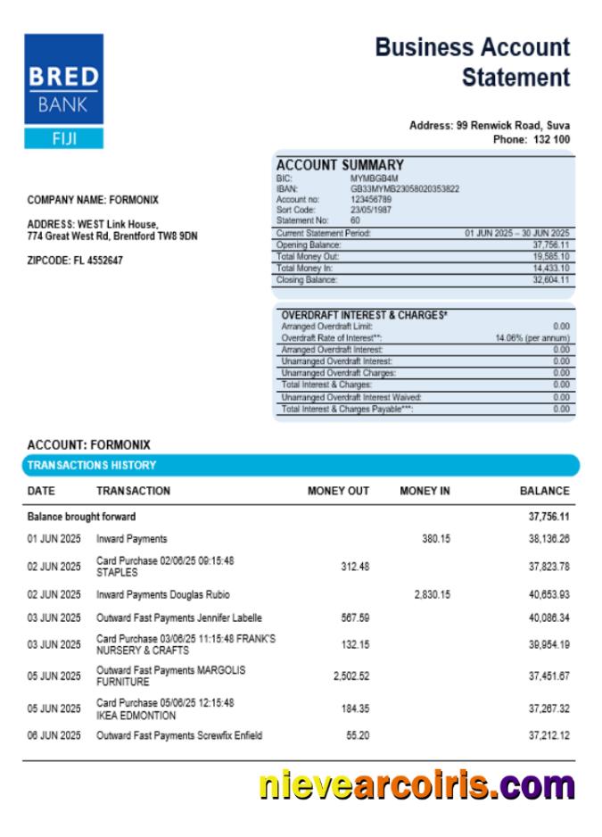 Bred bank firm account statement Word  and PDF format